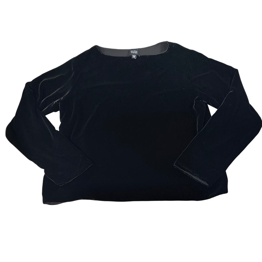 Eileen Fisher black velour silk blend long sleeve top Beads at neckline. Size XS